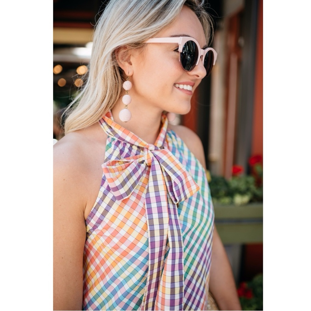 J.Crew Tie Neck Rainbow Gingham Dress Size 8 Plaid Preppy Bow Summer - Picture 8 of 16
